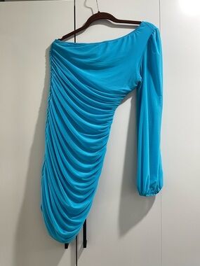Asymmetric One-Shoulder Ruched Dress in Bright Turquoise